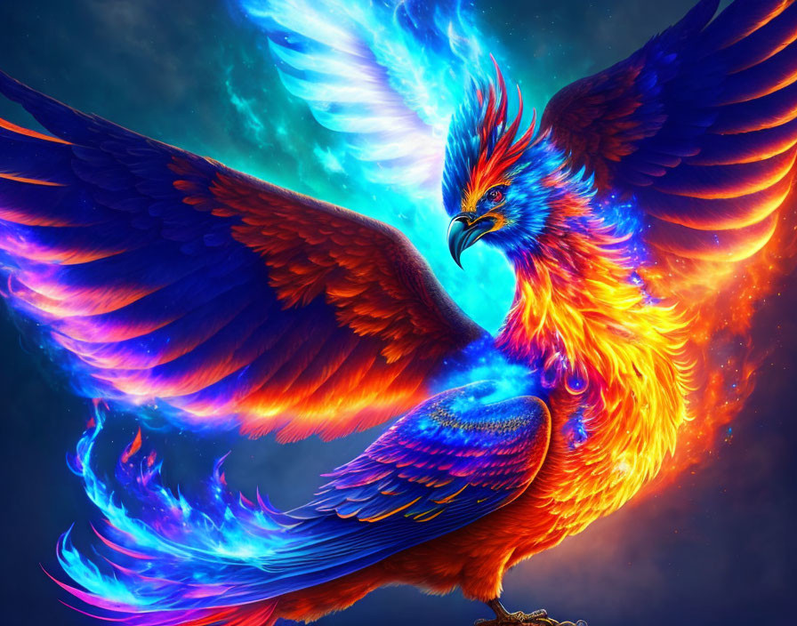 Colorful Phoenix Digital Art with Fiery Wings on Cosmic Background