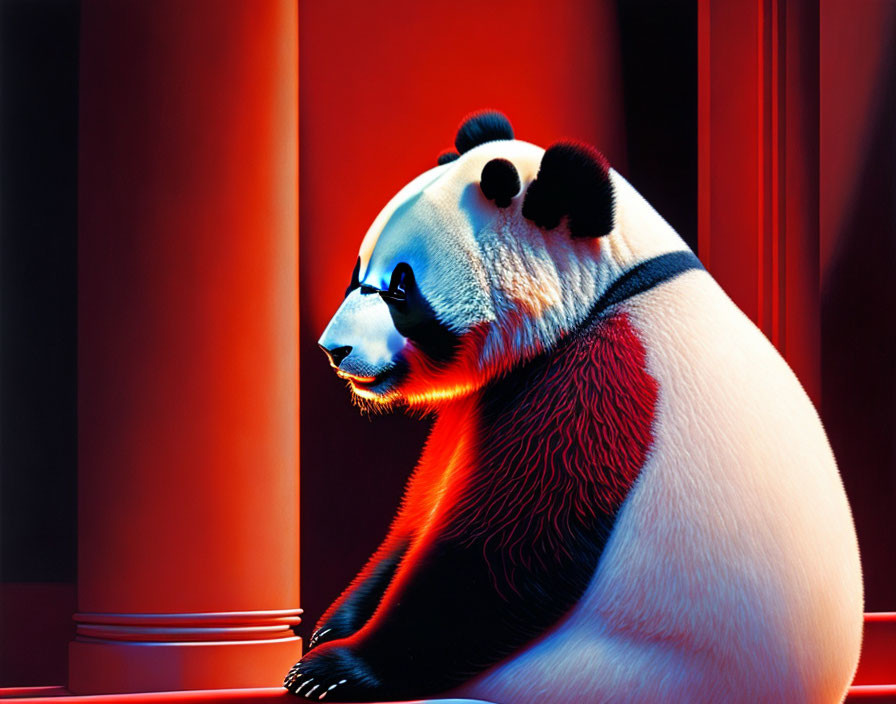 Vivid red, black, and white panda illustration with red pillars on dark background