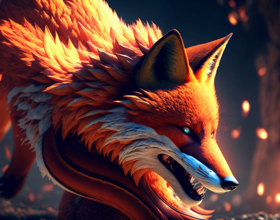 Detailed 3D illustration of orange fox with teal eyes on ember-filled backdrop