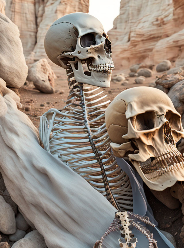 Skeleton in desert with oversized human skull contemplating existence