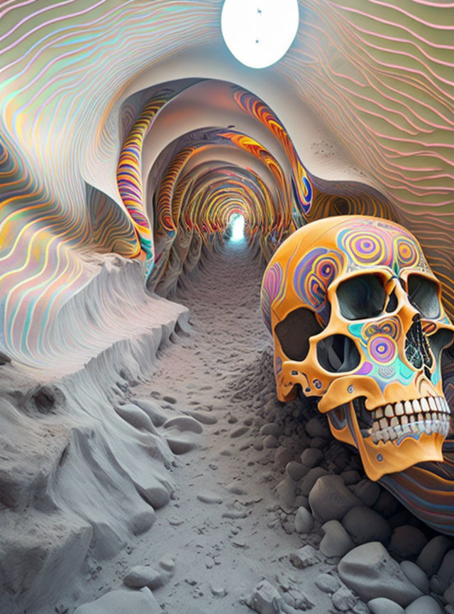 Colorful sand pathway through wavy tunnel with decorated skull