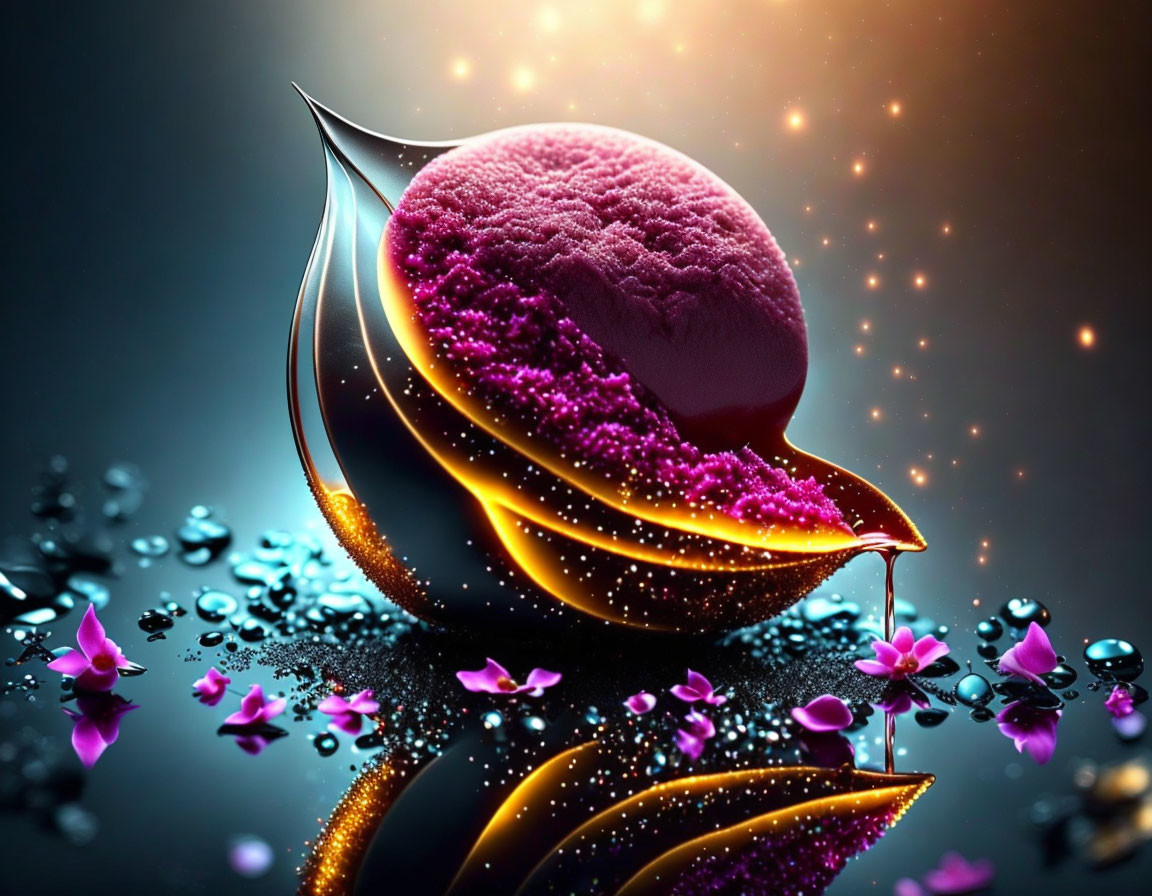 Abstract digital artwork: colorful sphere with molten texture and purple particles on reflective surface