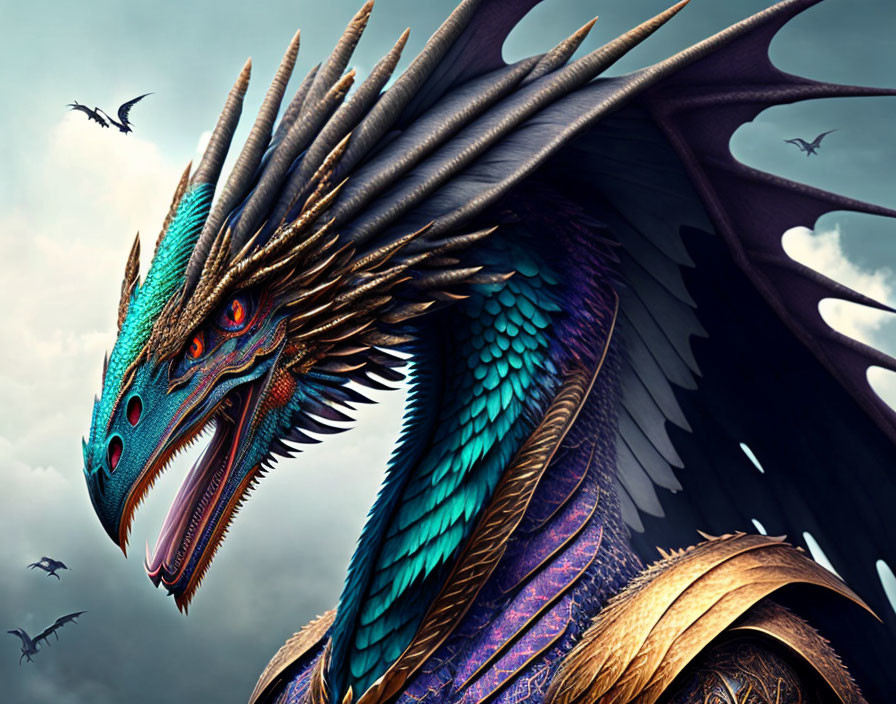 Colorful Dragon with Blue and Teal Scales and Red Eyes under Stormy Sky