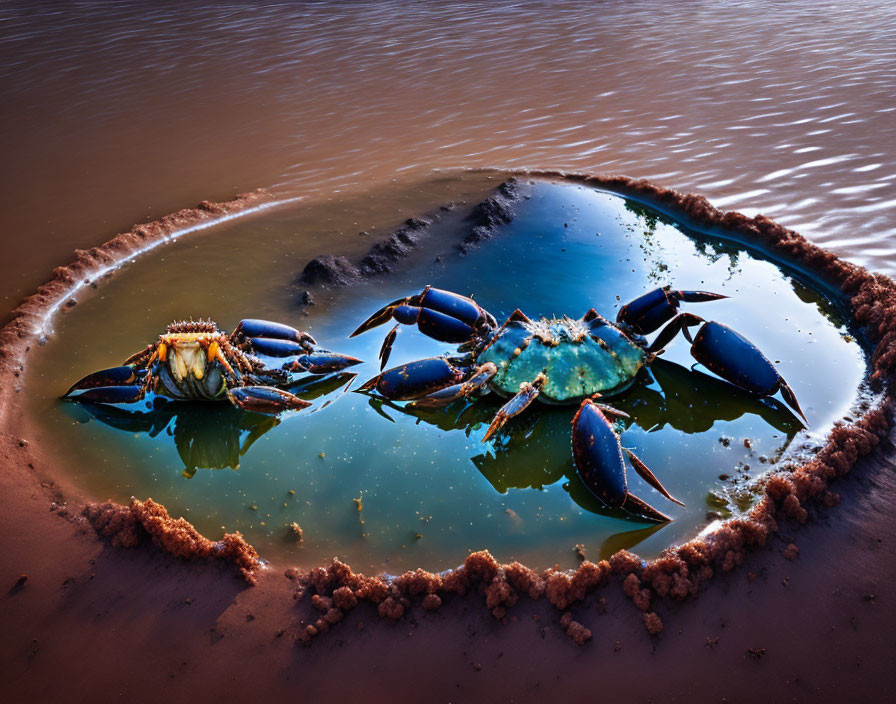 Blue crabs gathering in water-filled depression on muddy shore at twilight.