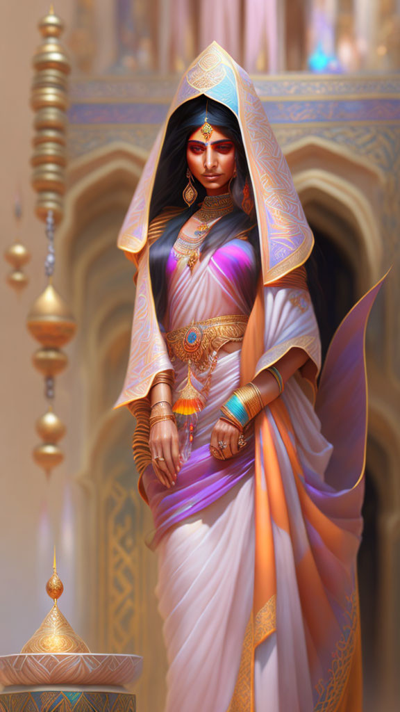 Regal Indian woman in traditional attire with vibrant colors and golden jewelry against ornate backdrop