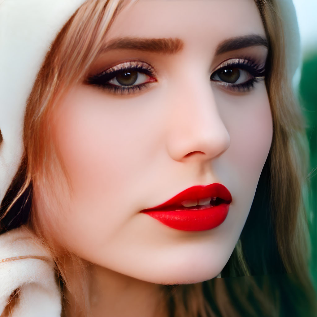 Woman with red lipstick and smoky eye makeup in white furry hat.