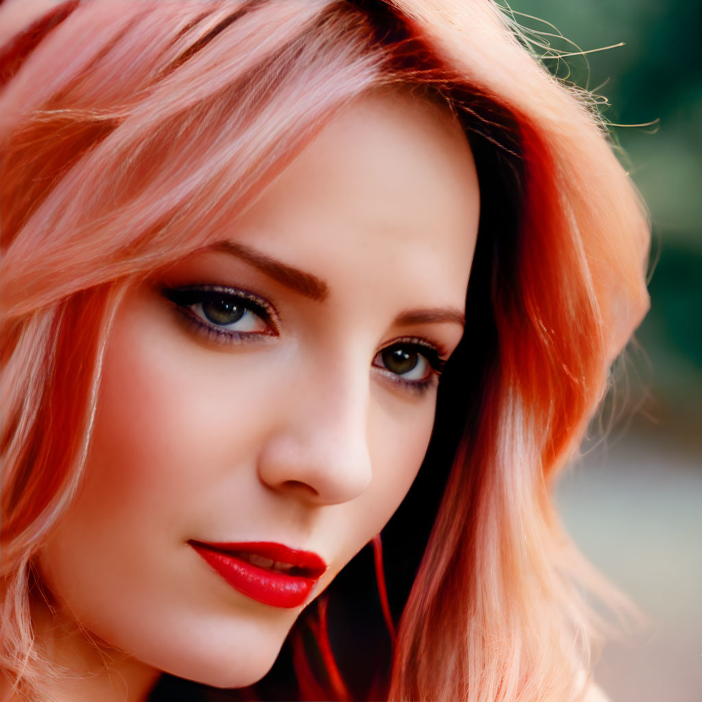 Portrait of woman with coral pink hair, fair skin, sharp blue eyes, and red lipstick