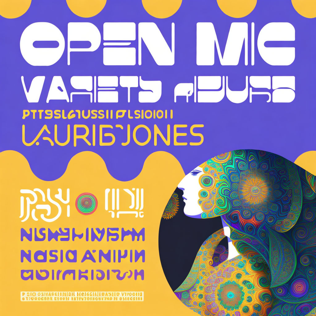 Colorful Open Mic Event Poster with Stylized Human Profile on Purple Background