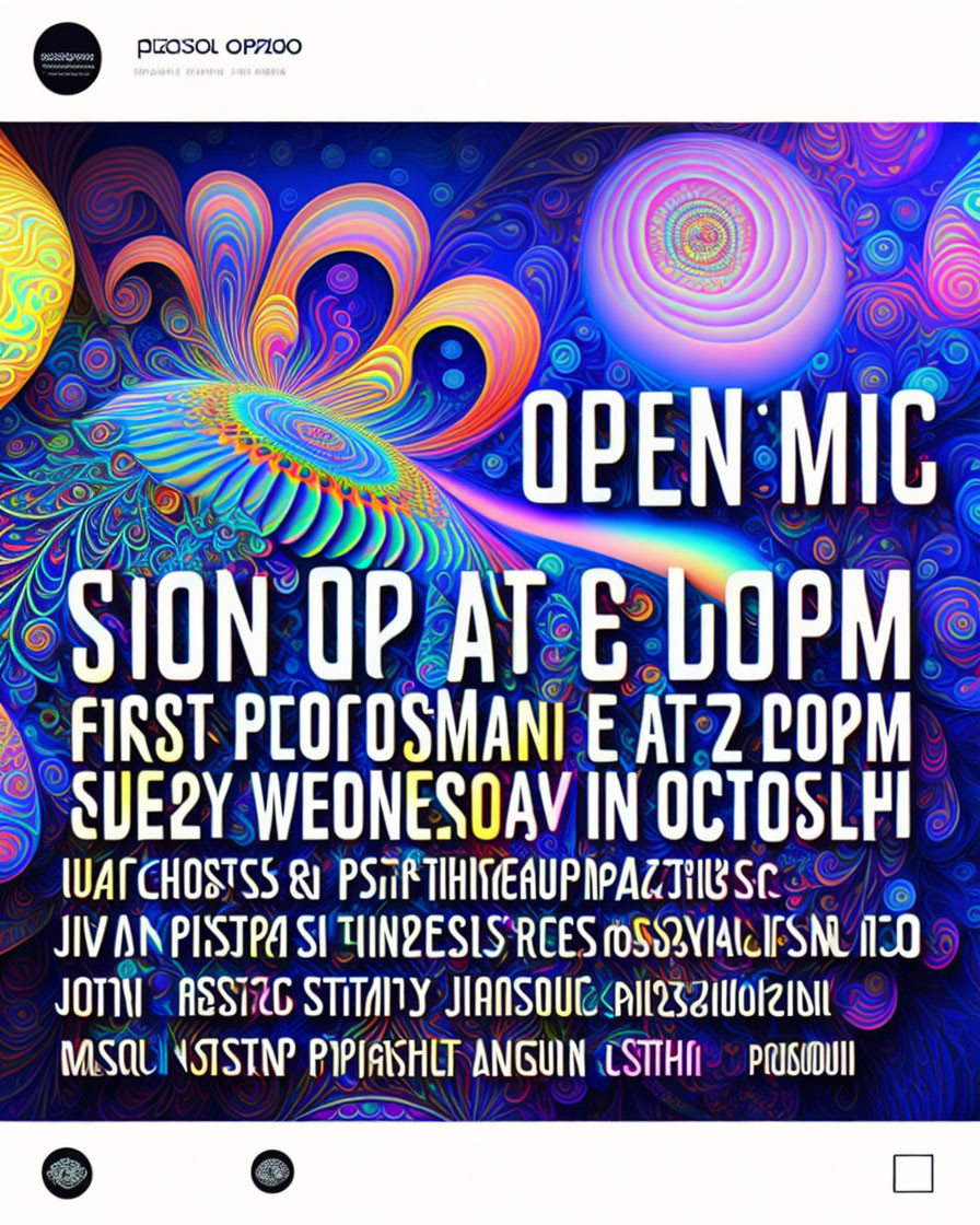 Vibrant Open Mic Event Poster with Psychedelic Patterns & Artist Lineup