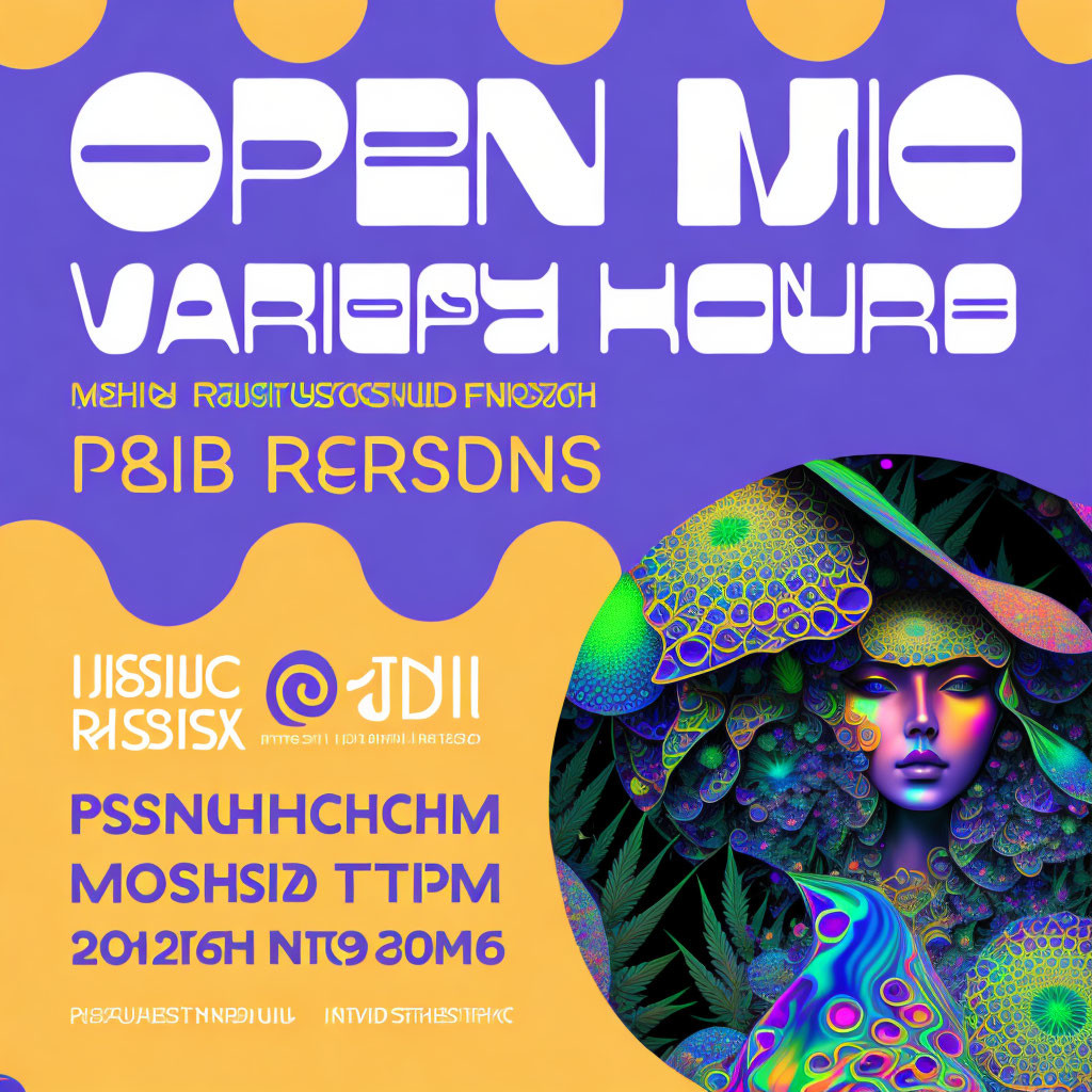 Colorful Psychedelic Poster: Person with Mushroom Cap Head, "Open Mic Variety Hour" Text