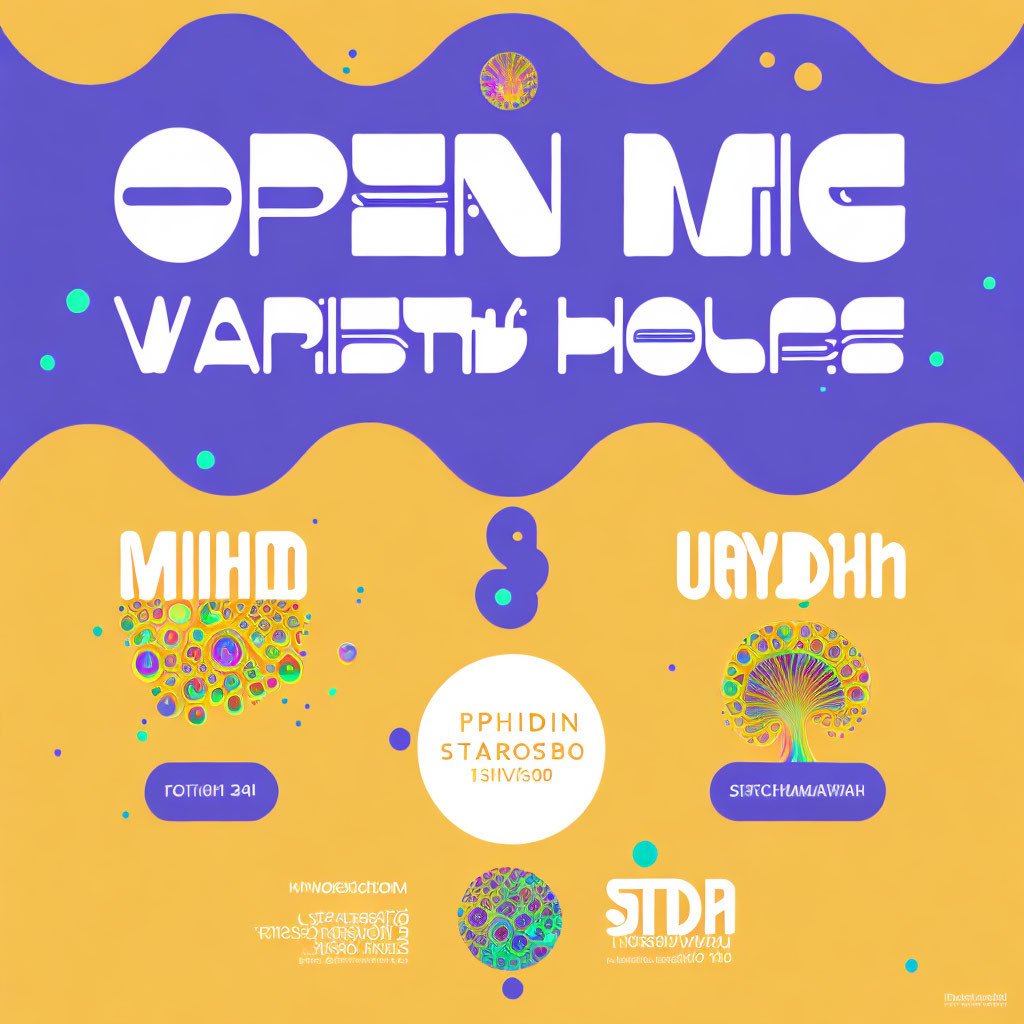 Colorful Event Poster: "Open Mic Variety Hours" with Abstract Designs