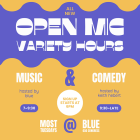 Colorful Event Poster: "Open Mic Variety Hours" with Abstract Designs