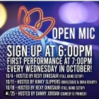 Vibrant Open Mic Event Poster with Psychedelic Patterns & Artist Lineup