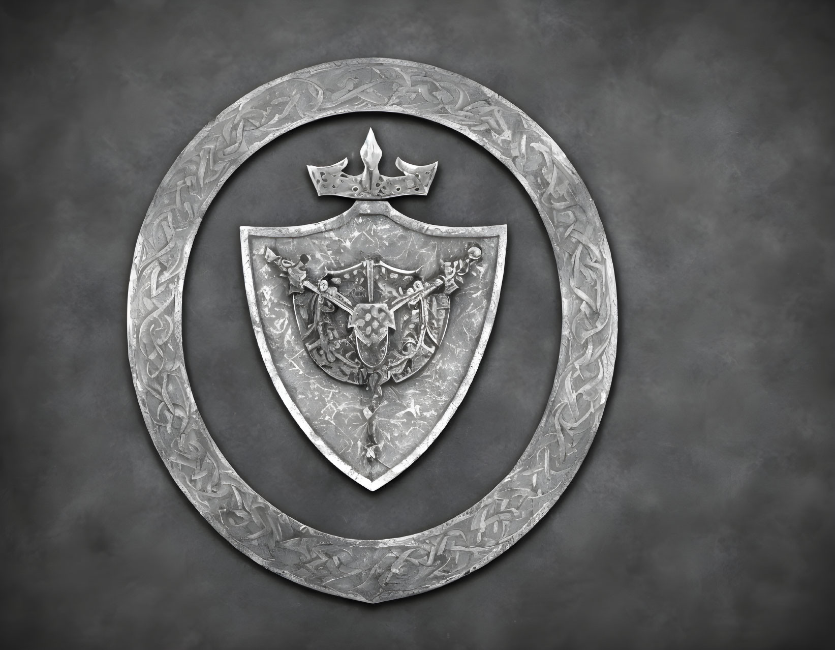 Metallic heraldic shield with crown and foliage on gray textured background