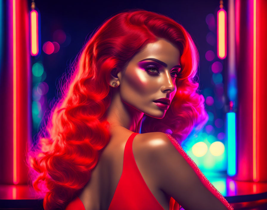 Vibrant red-haired woman in red dress against neon-lit backdrop