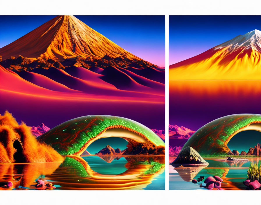 Surreal Landscape Triptych: Colorful Mountains and Arched Structure Reflecting on Water