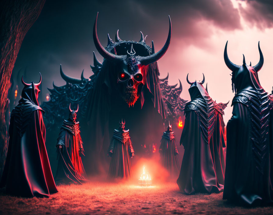 Dark horned mask figures surround glowing symbol under red sky