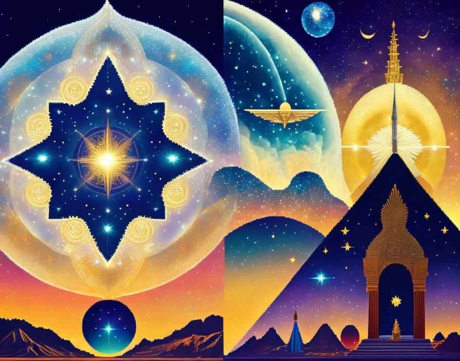 Colorful digital collage of cosmic and spiritual elements on starry background