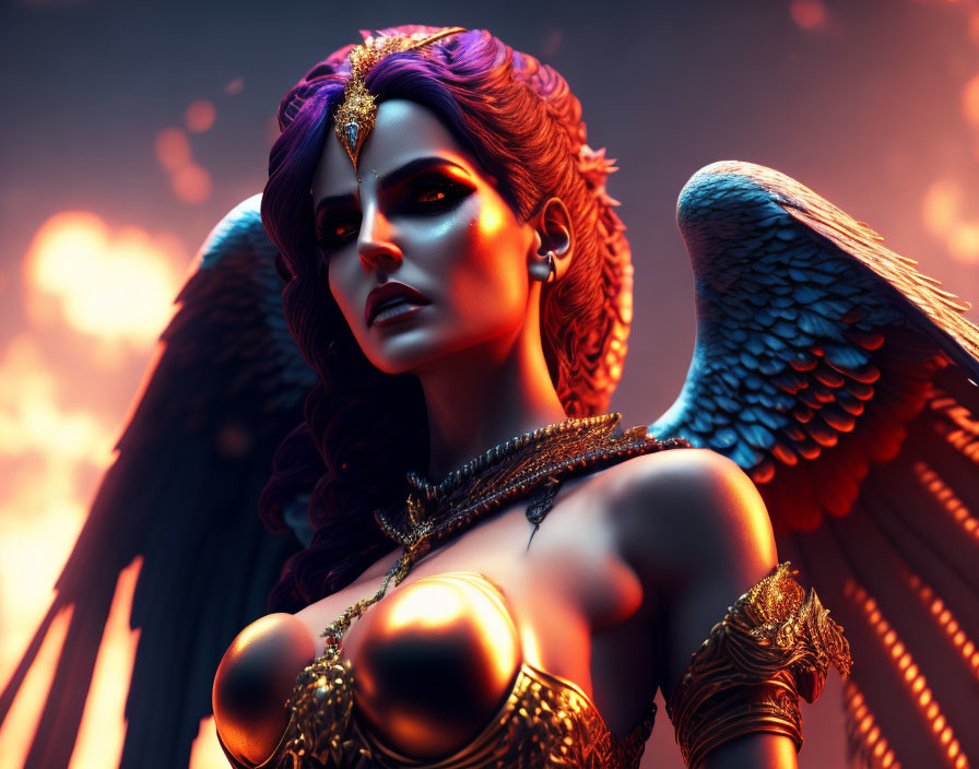 Stylized 3D-rendered image of fierce woman with wings in golden armor and crown against