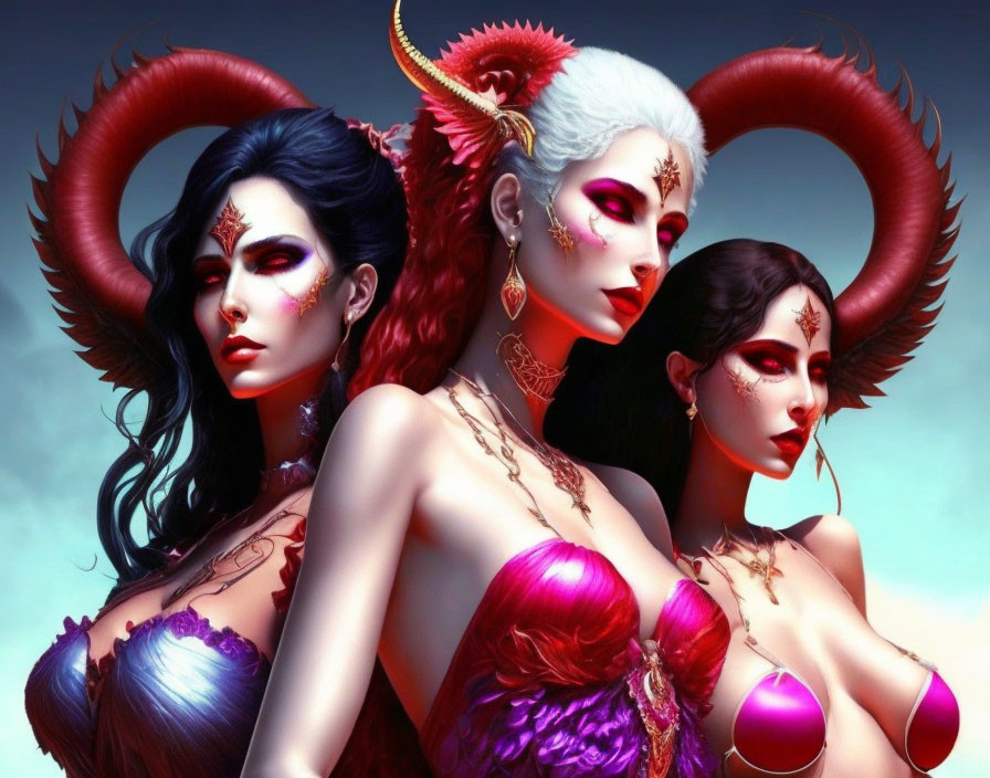 Fantastical portrait of three female figures with horns and intricate makeup