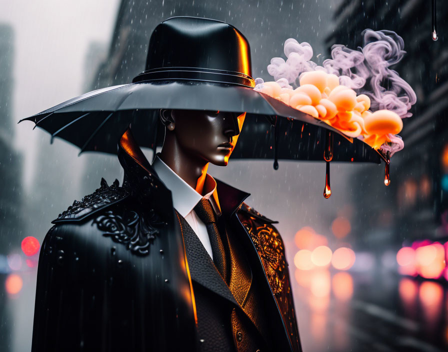 Mannequin with hat holding umbrella under rain in city scene