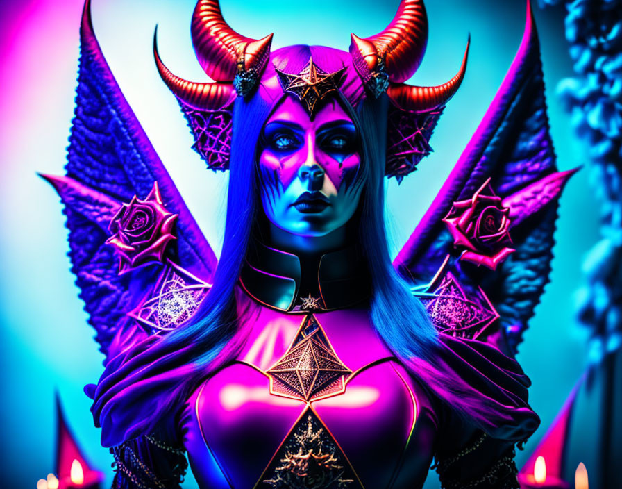 Intricate Cosplay with Horns, Headdress, Neon Lighting