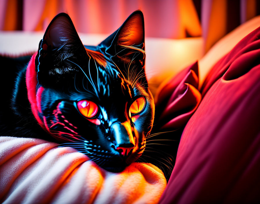 Black Cat with Red Eyes on Smooth Fabric under Orange and Purple Lighting