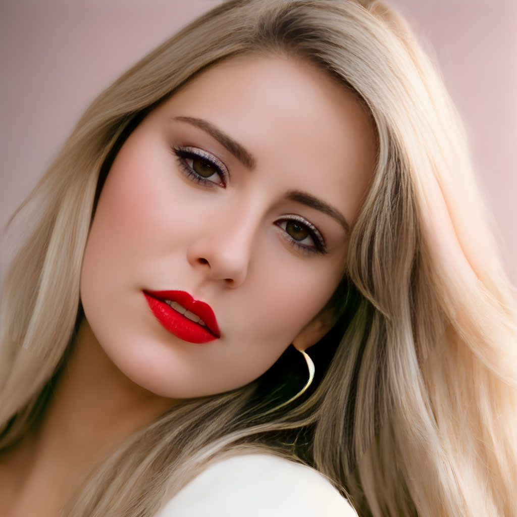 Blonde woman portrait with red lipstick and hoop earrings