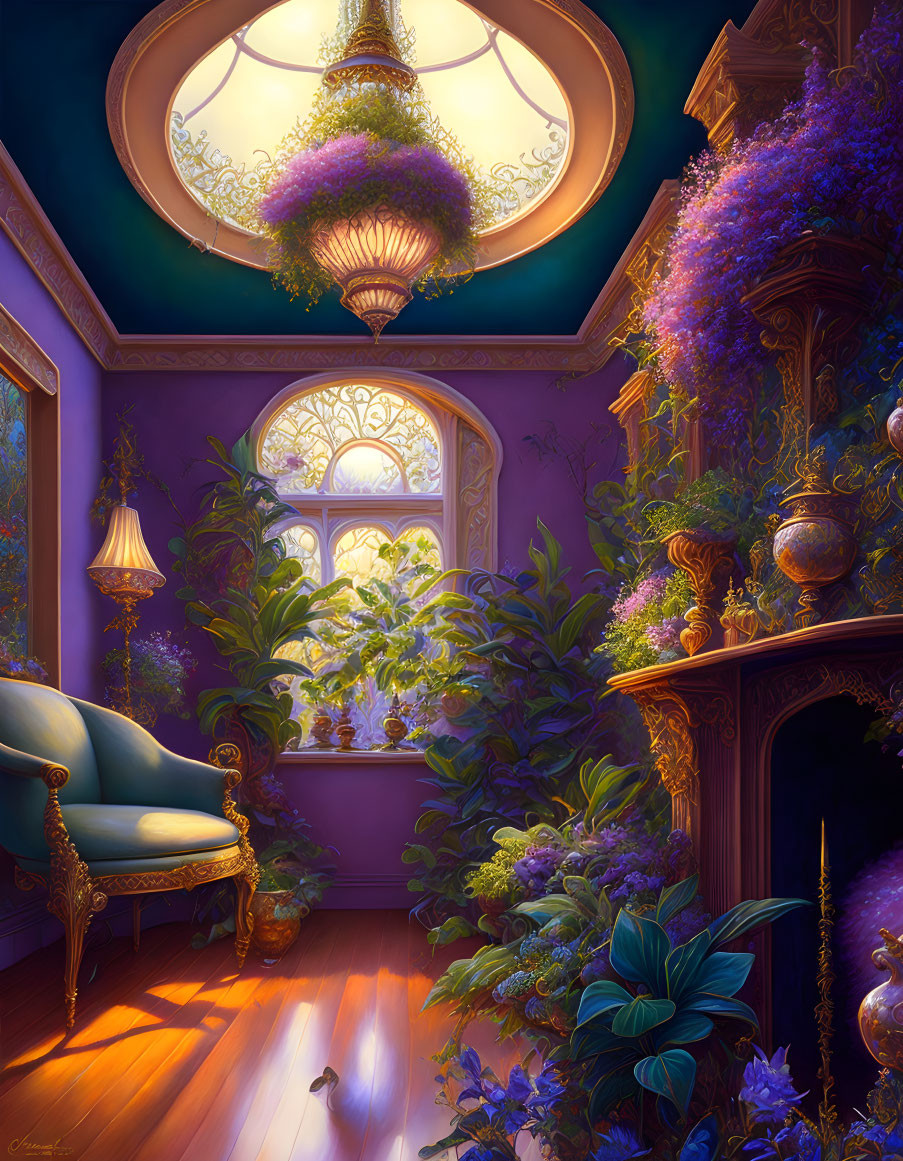 Victorian-style room with purple and green plants, elegant sofa, fireplace, ornate windows, glowing