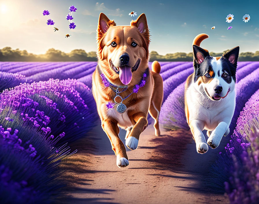 Two dogs running in lavender field with butterflies