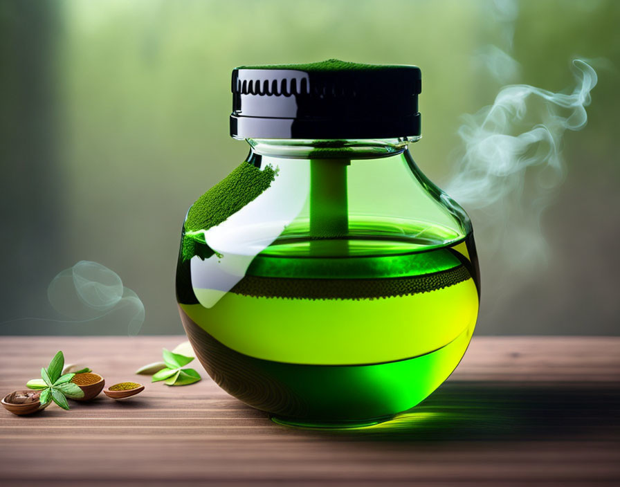 Green liquid in glass jar with moss-covered lid on wooden surface with capsules and leaf.