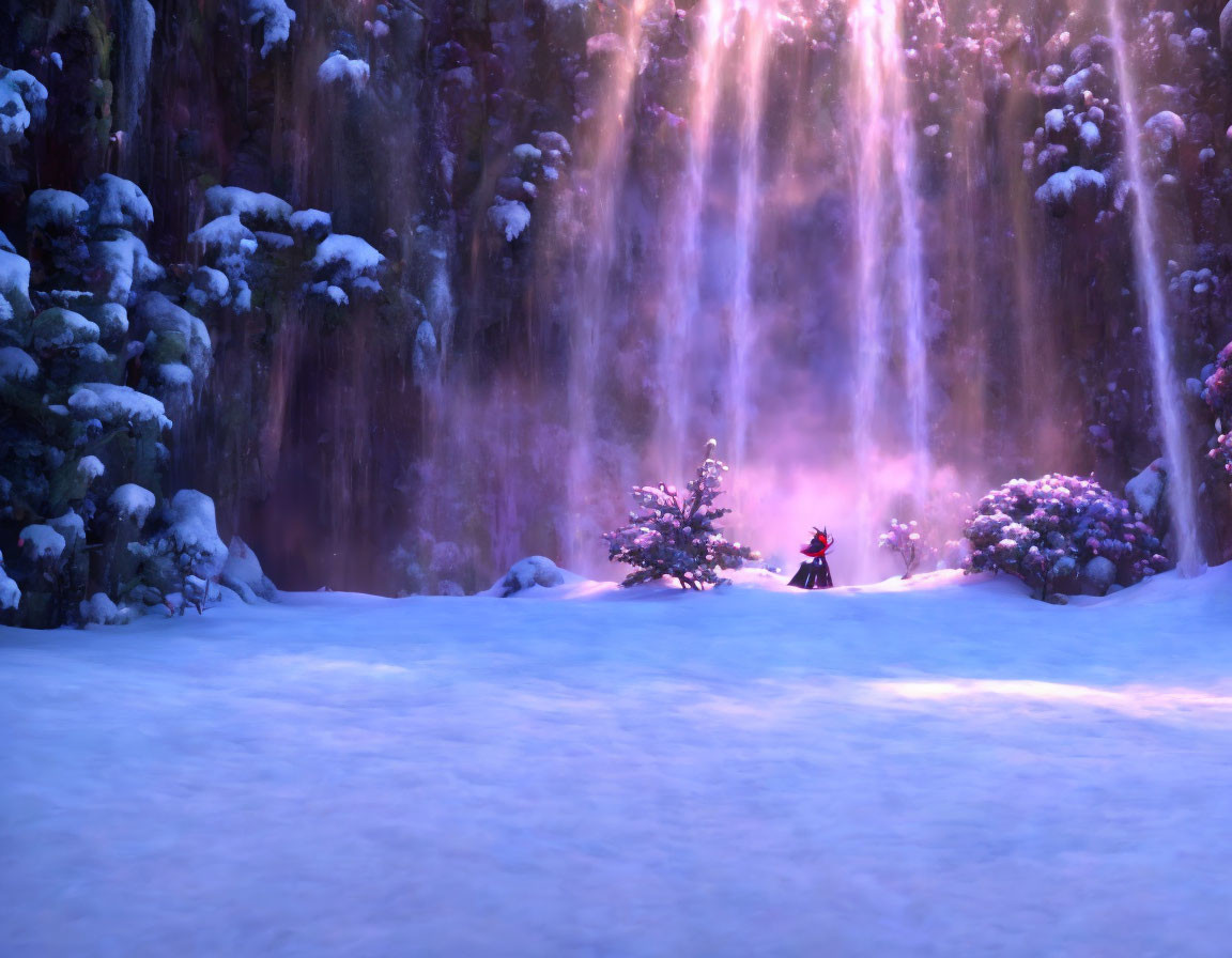 Red animated character in snowy landscape by purple waterfall