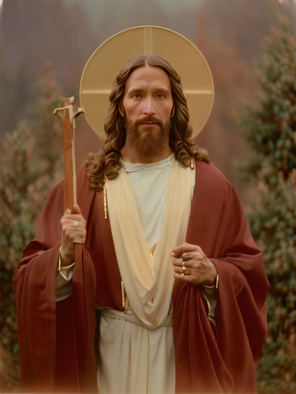 Traditional Jesus costume with halo and staff in nature setting