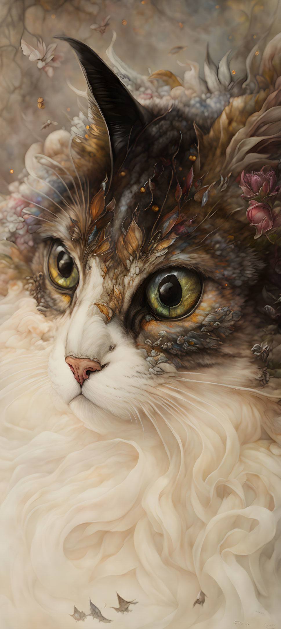 Whimsical cat painting with floral and feather details