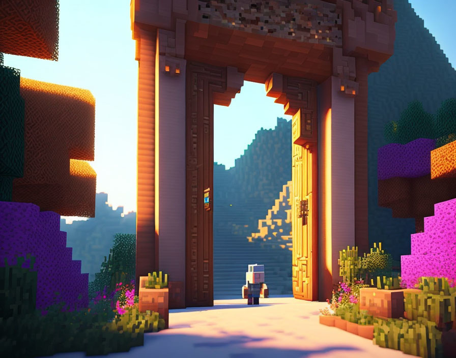 Vibrant landscape with blocky archway & character in 3D art