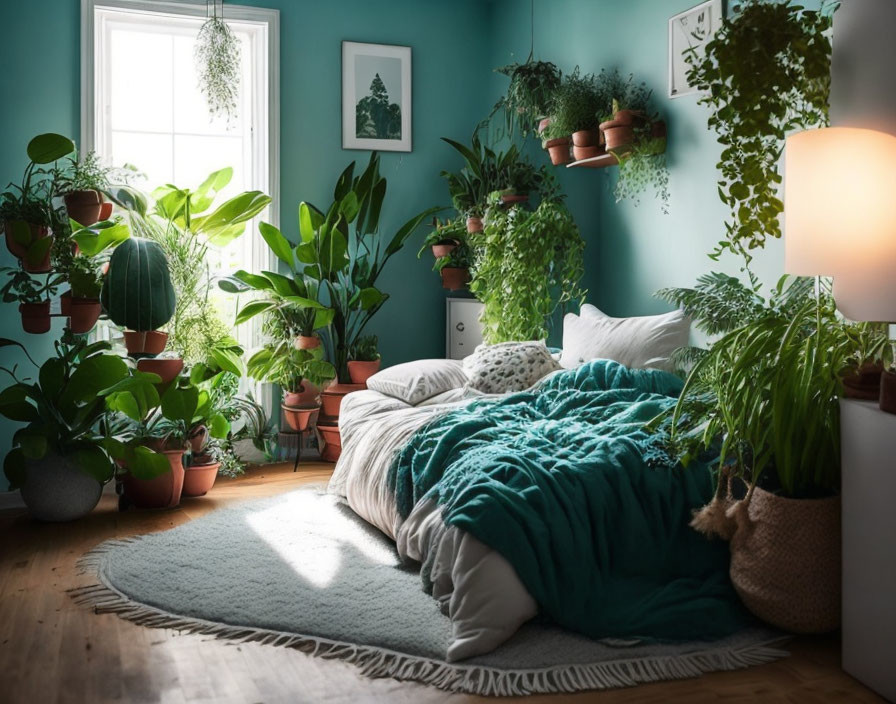 Tranquil bedroom with houseplants, teal bedding, ambient lighting, and green walls