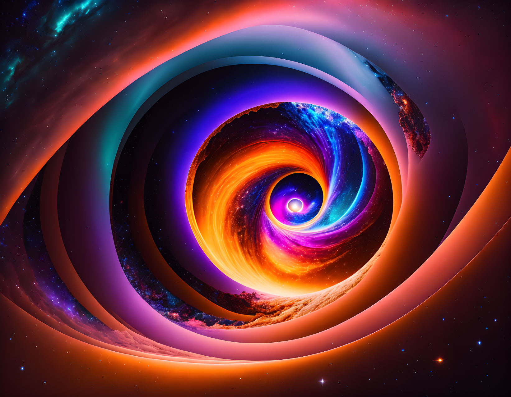 Surreal cosmic whirlpool with galaxies and planets in vibrant digital art