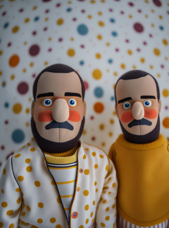Toy figures with mustaches in patterned outfits on polka-dotted background