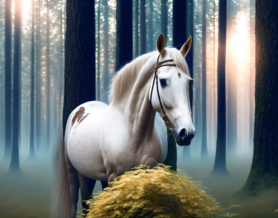 Majestic white horse with golden mane in serene forest landscape