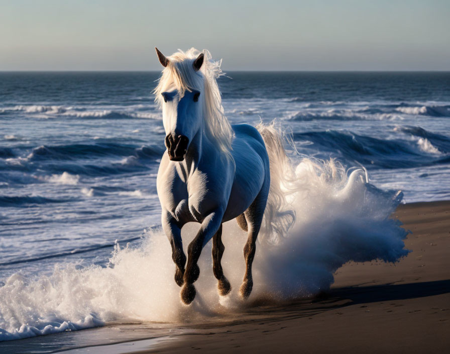 White horse galloping on beach with flowing mane and ocean backdrop