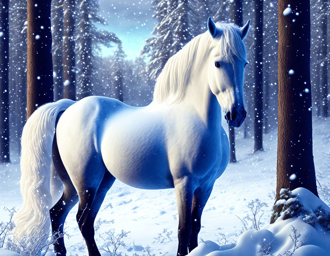 White horse in snowy forest with falling snowflakes and dark trees