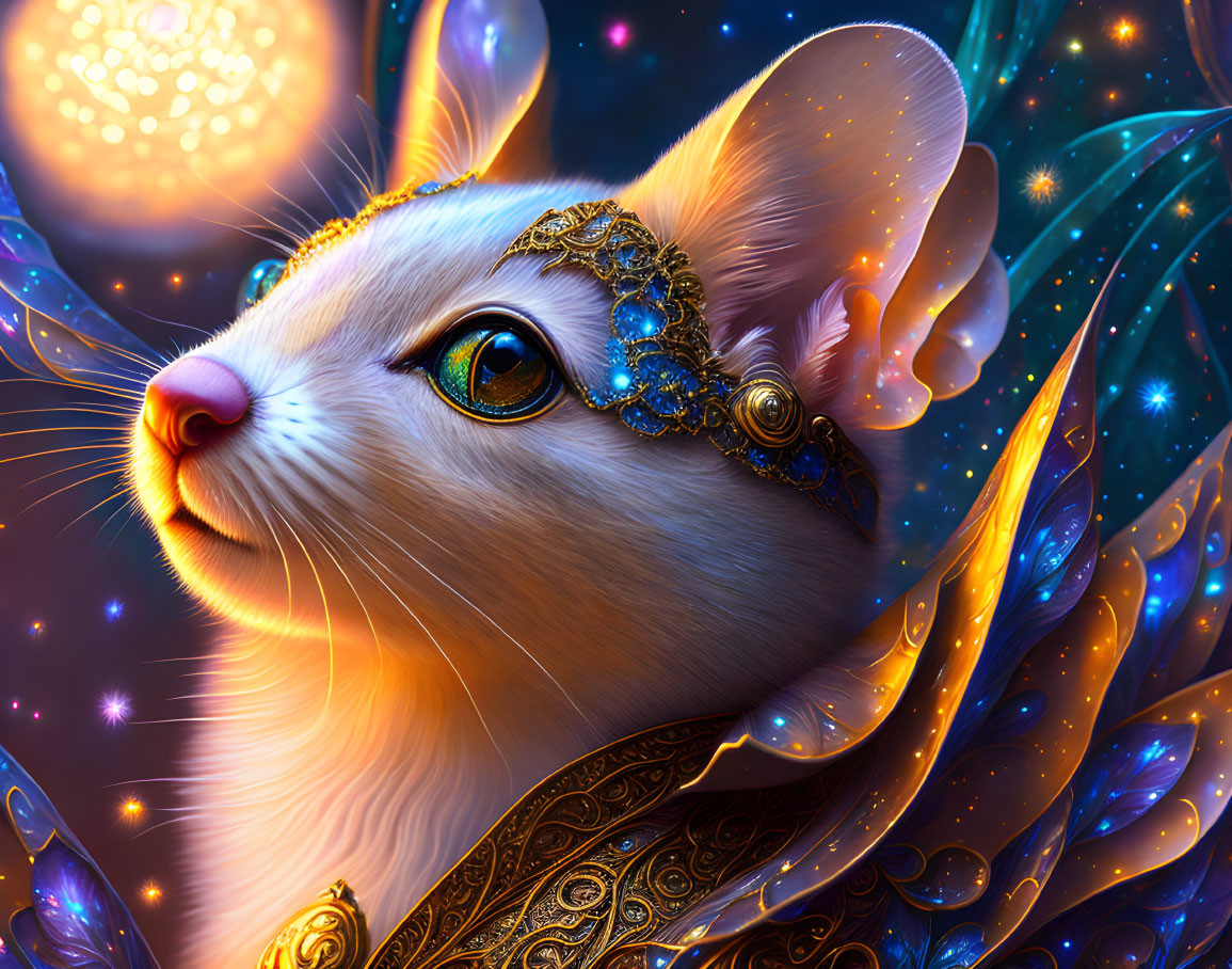 Enchanting cat with golden headpiece in vibrant cosmic background