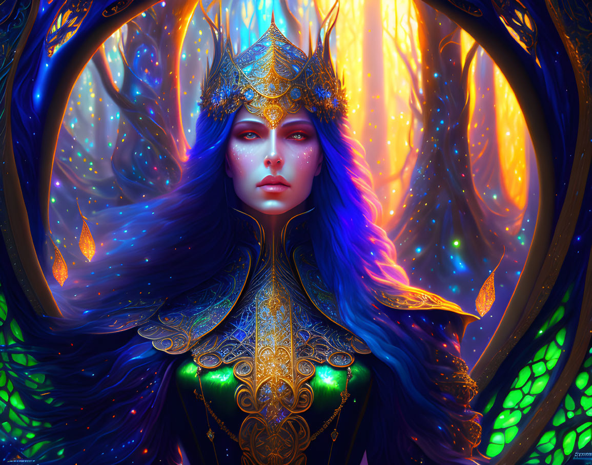 Digital artwork: Ethereal woman with blue-violet hair in regal golden headgear, set in