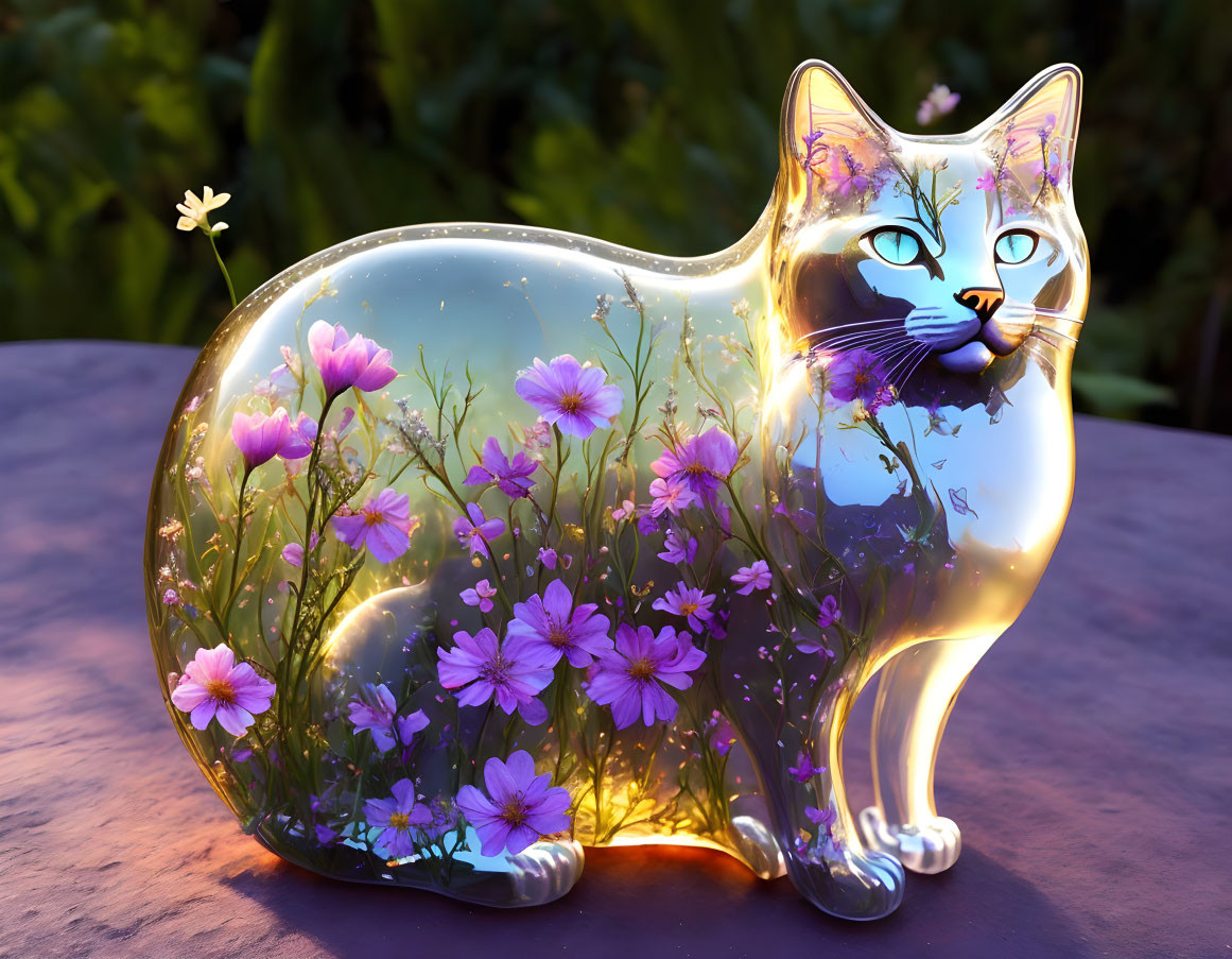 Cat-shaped figurine with evening sky and purple flowers encapsulated