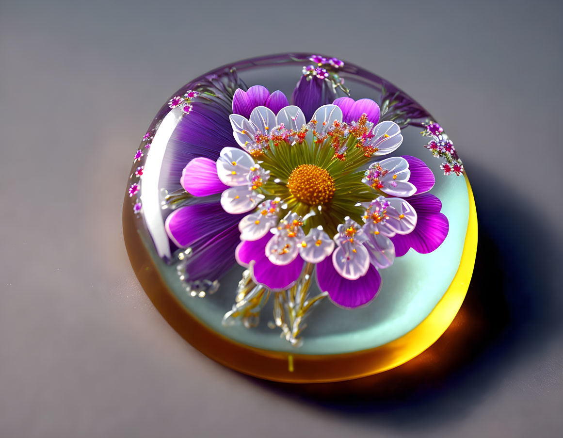 Vibrant floral arrangement in colorful glass paperweight