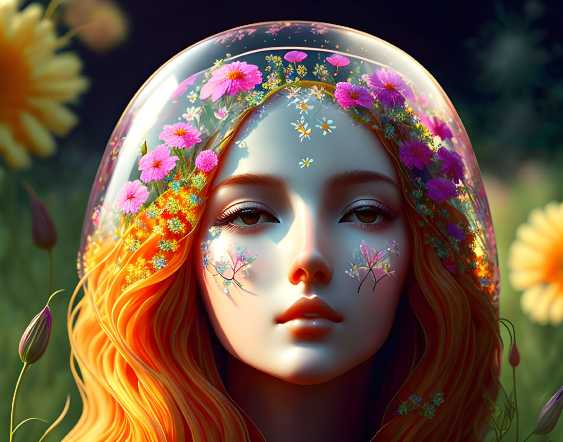 Digital Artwork: Woman with Orange Hair & Floral Headdress on Dark Nature Background