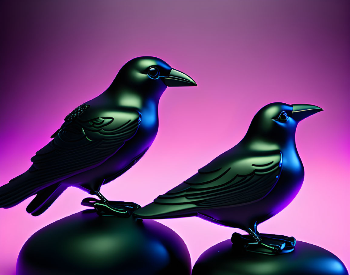 Stylized blackbirds on spheres against purple gradient background