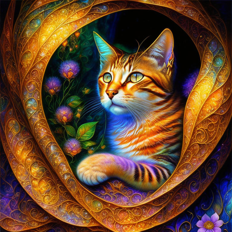 Colorful Cat Artwork with Swirling Floral Border