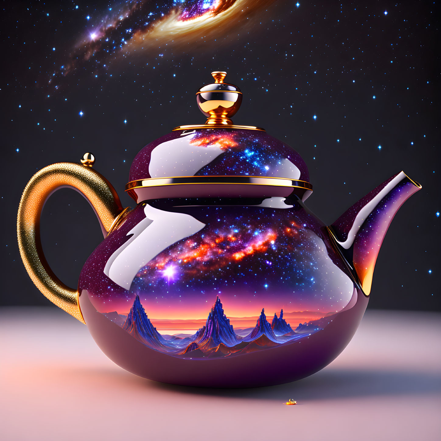 Teapot with cosmic scene and mountain landscapes in twilight