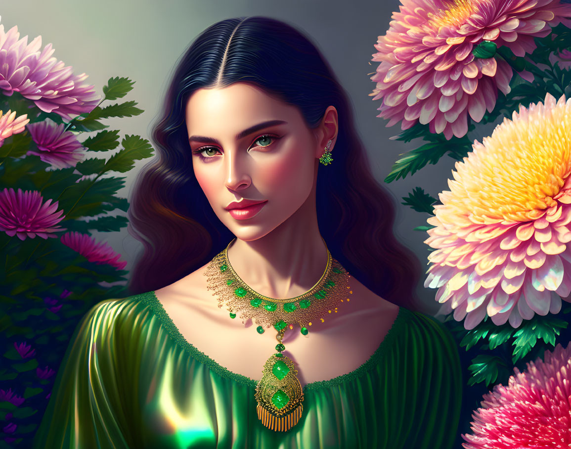 Dark-haired woman in green attire with gold jewelry against vibrant floral backdrop